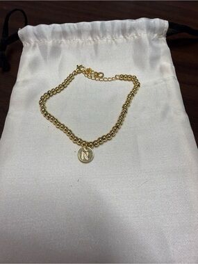 Gold Beaded Bracelet with 'N' Initial Charm - Women Jewelry